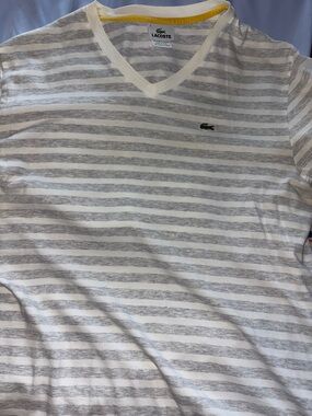 Lacoste Striped V-Neck Tee in White, Light Gray & Green Croc
